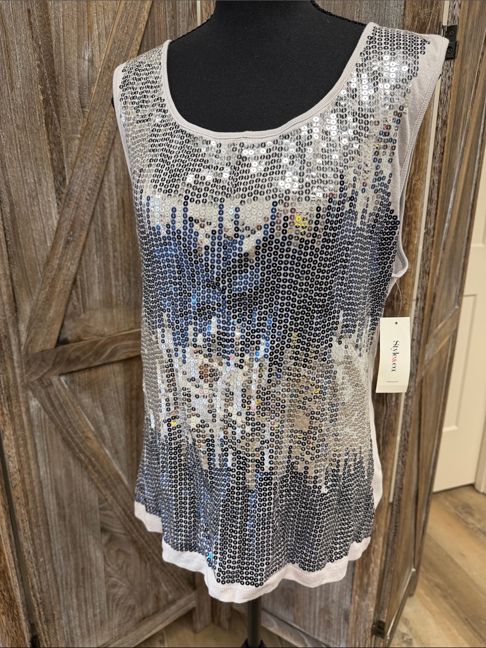 Style & Co. gray Tank Top with Silver and Blue Sequin Ombre